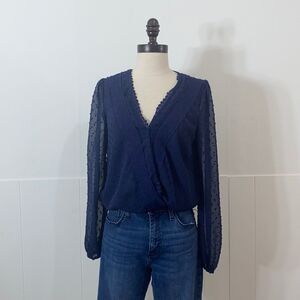 Francescas Navy Embroidered Wrap Crop Top